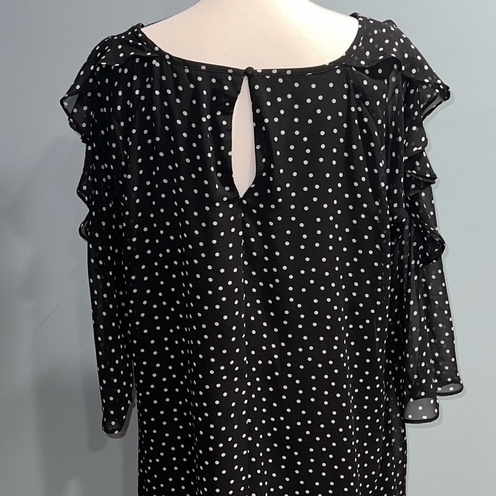 Black White Polka Dot Lined ruffle Sleeve Dress - Picture 2 of 6
